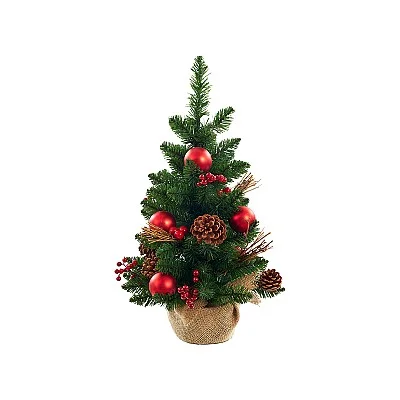 עץ אשוח עם תחתית קנבס, אצטרובלים וקישוטים אדומים - 45 ס״מ