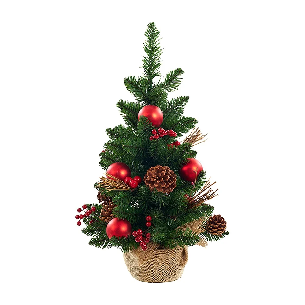 עץ אשוח עם תחתית קנבס, אצטרובלים וקישוטים אדומים - 60 ס״מ