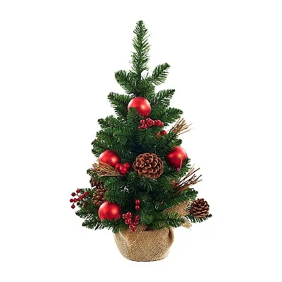 עץ אשוח עם תחתית קנבס, אצטרובלים וקישוטים אדומים - 60 ס״מ