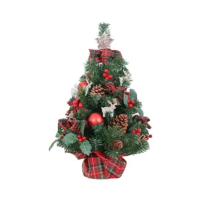 עץ אשוח עם תחתית קנבס סקוטי וקישוטים - 45 ס״מ