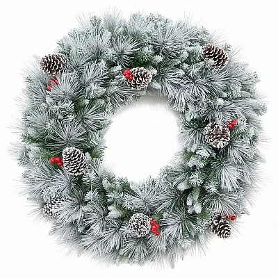 זר כריסמס דקורטיבי מושלג עם אצטרובלים ופירות יער - 50 ס״מ