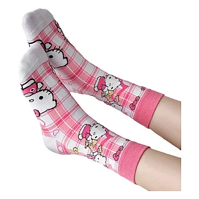 גרביים מעוצבים הלו קיטי משבצות ורוד לבן גרביים מעוצבים הלו קיטי משבצות ורוד לבן