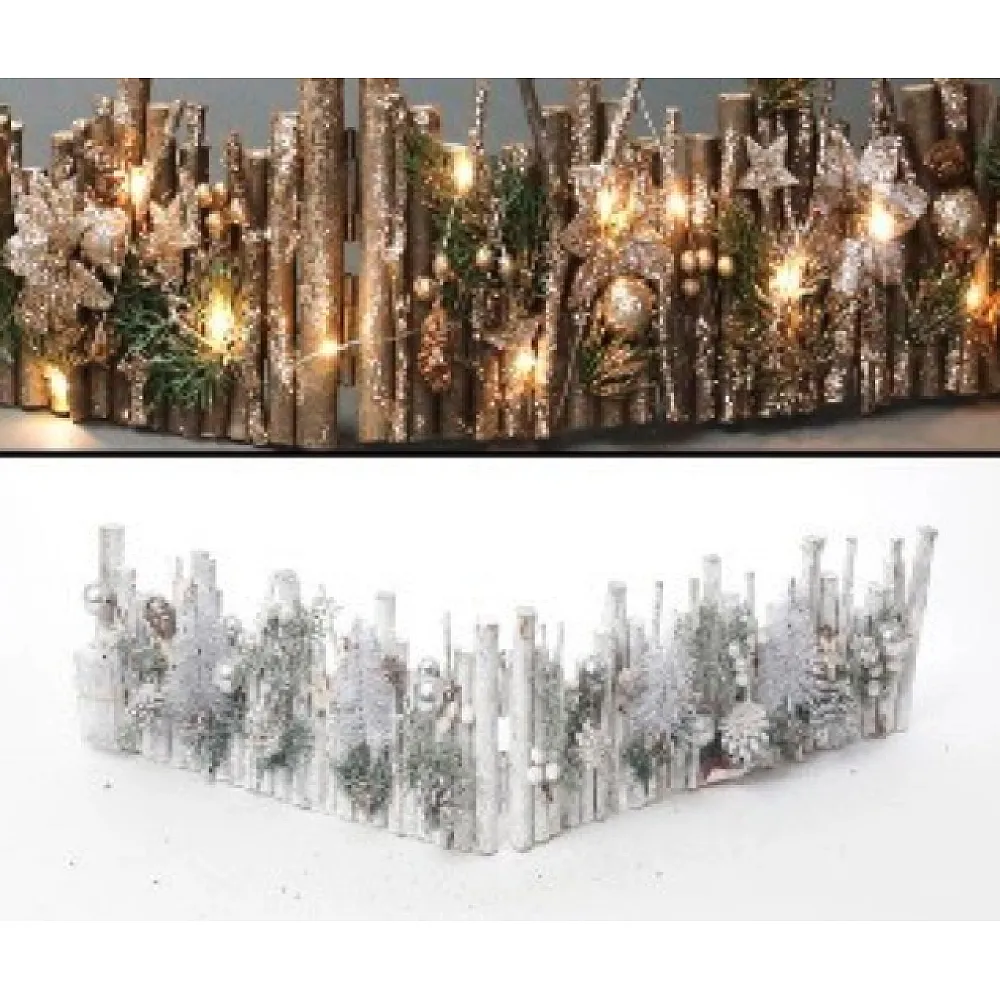 קישוט גדר עץ לבן מושלג עם תאורת לד