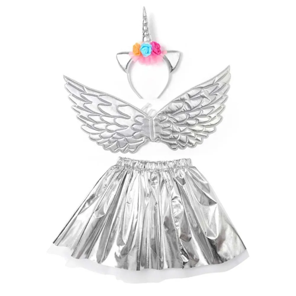 סט חד קרן - כנפיים, חצאית וקשת - כסף לתחפושת קוספליי