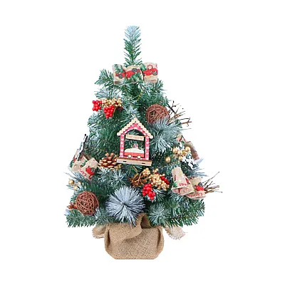 עץ אשוח עם תחתית קנבס וקישוטים בגווני אדום - 60 ס״מ