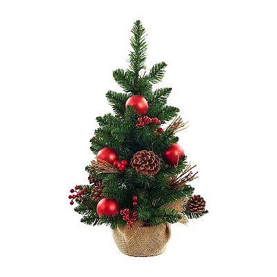 עץ אשוח עם תחתית קנבס, אצטרובלים וקישוטים אדומים - 60 ס״מ