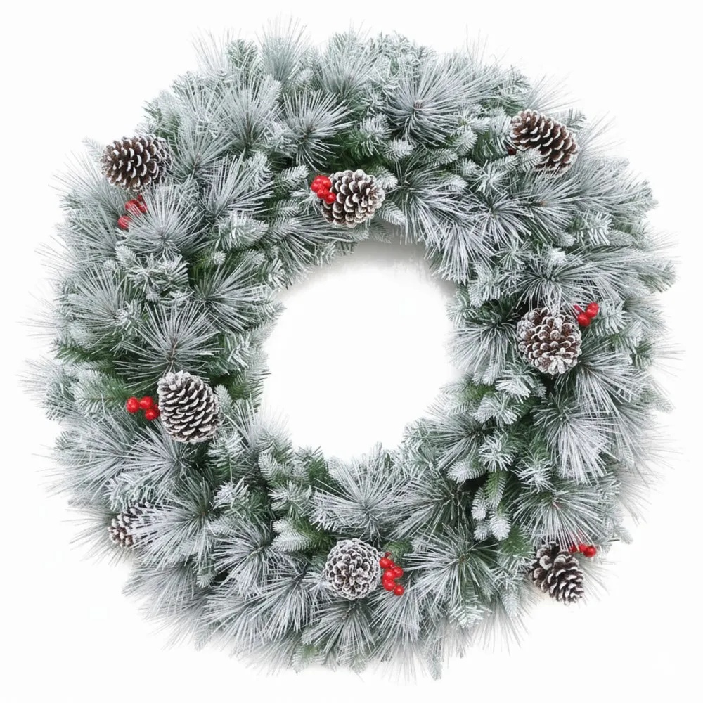 זר כריסמס דקורטיבי מושלג עם אצטרובלים ופירות יער - 50 ס״מ