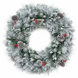 זר כריסמס דקורטיבי מושלג עם אצטרובלים ופירות יער - 50 ס״מ