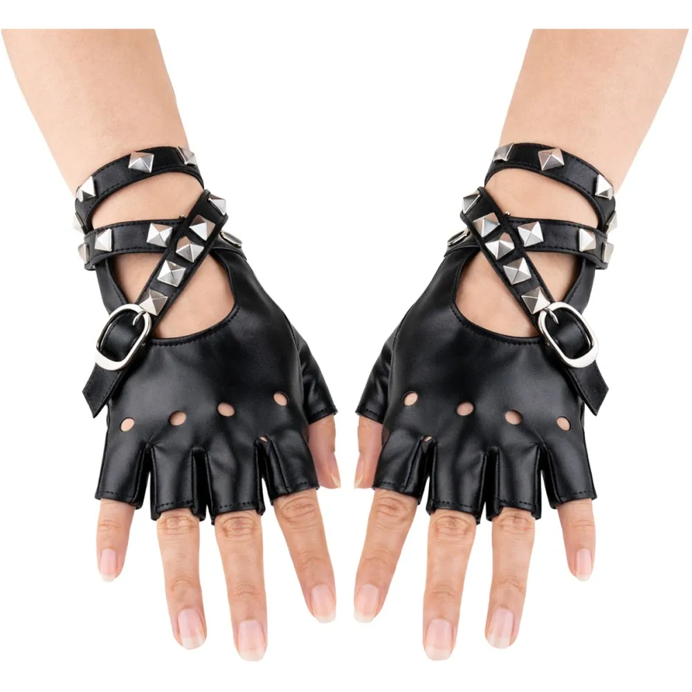 זוג כפפות דמוי עור עם רצועות ניטים - שחור לתחפושת