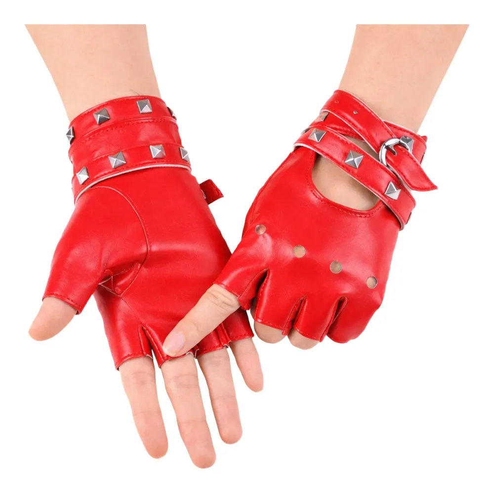 זוג כפפות דמוי עור עם רצועות ניטים - אדום לתחפושת