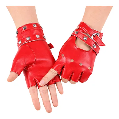 זוג כפפות דמוי עור עם רצועות ניטים - אדום