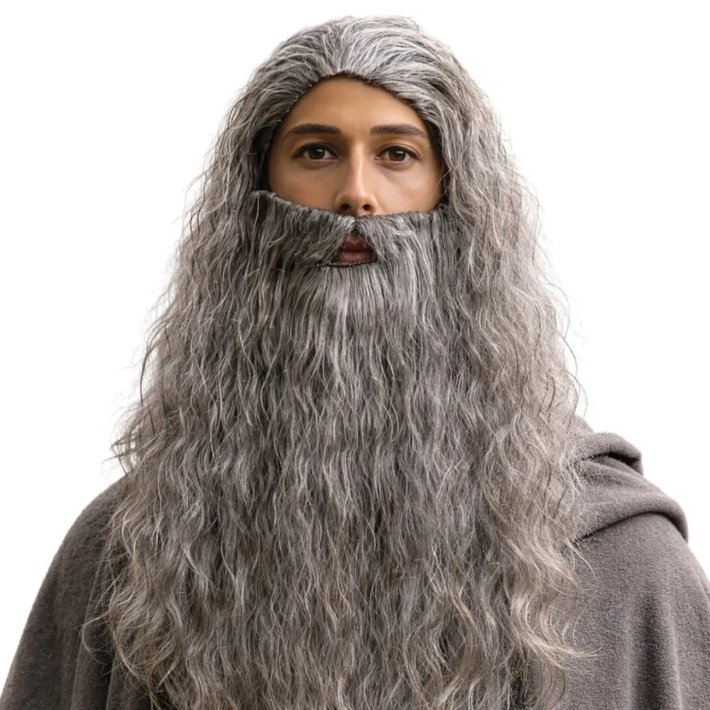 פאה אפורה מתולתלת עם זקן לתחפושת