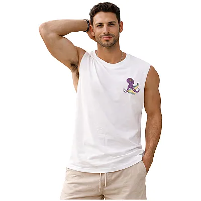 גופיית גבר לבנה עם הדפס אוקטופוס וגלשן