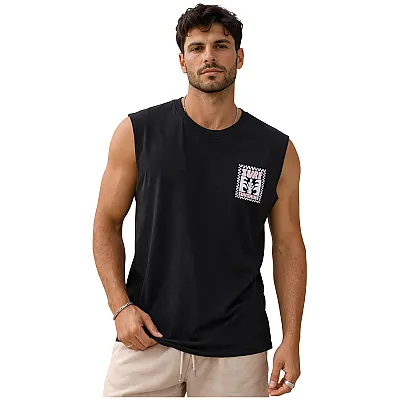 גופיית גבר שחורה עם הדפס Surf Sea בגב