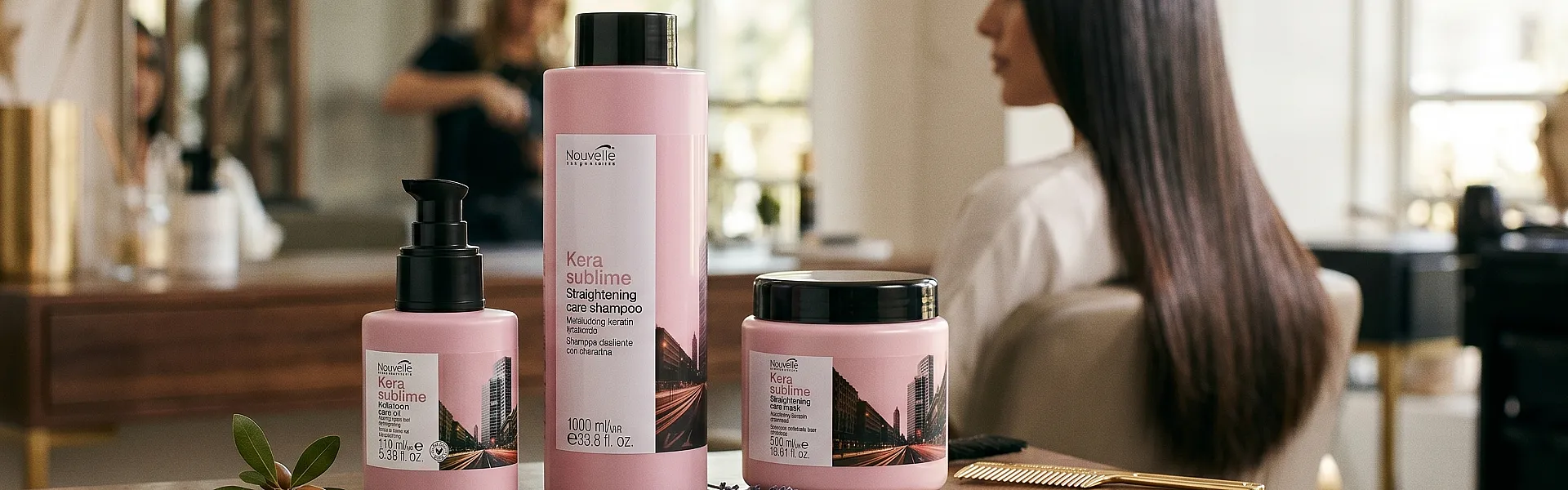 סט מוצרי Nouvell Kera Sublime לטיפוח שיער שעבר החלקה: שמן קראטין, שמפו ללא מלחים ומסכת קראטין.