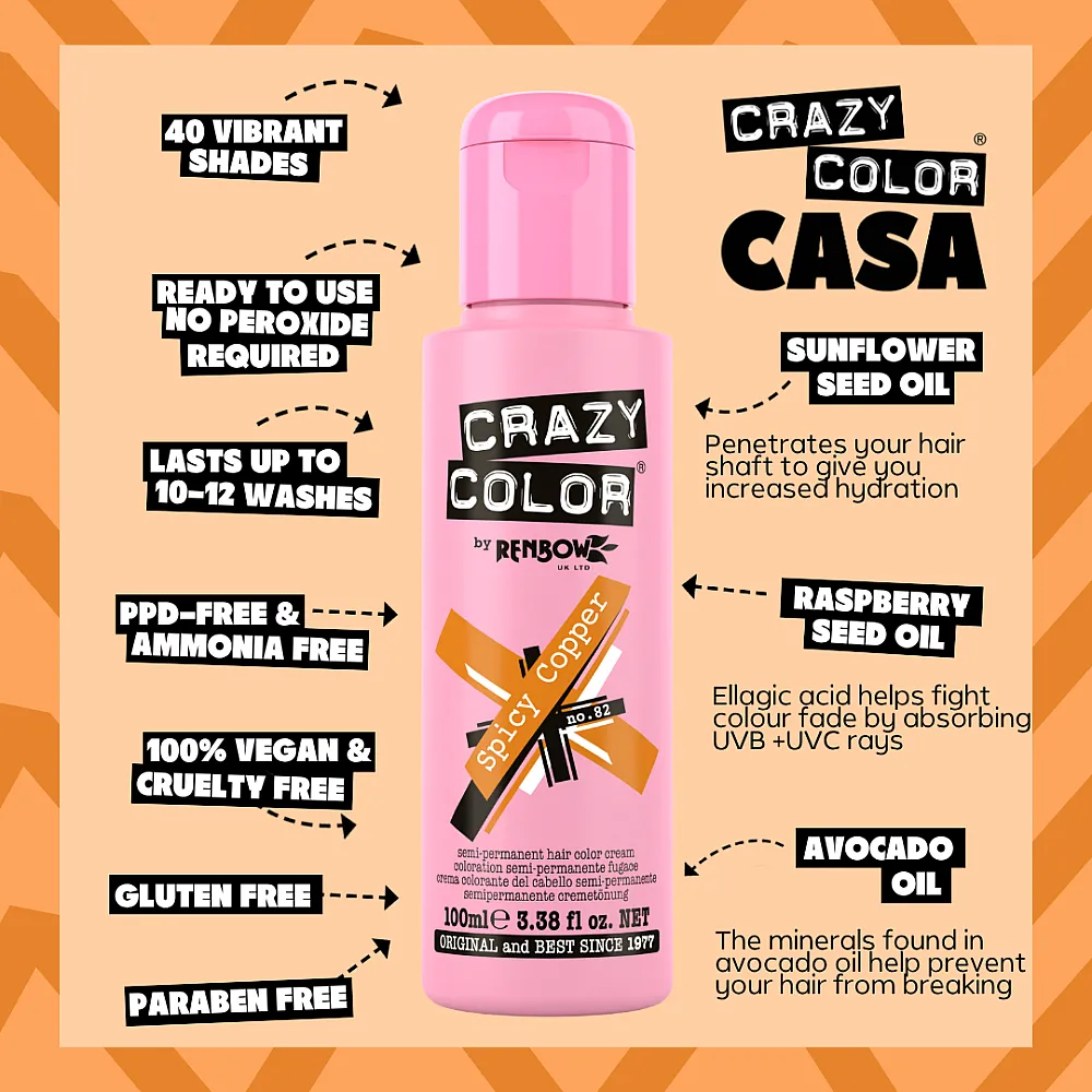 צבע שיער נחושת ג׳ינג׳ית Spicy Copper 82 – Crazy Color, 100 מ״ל