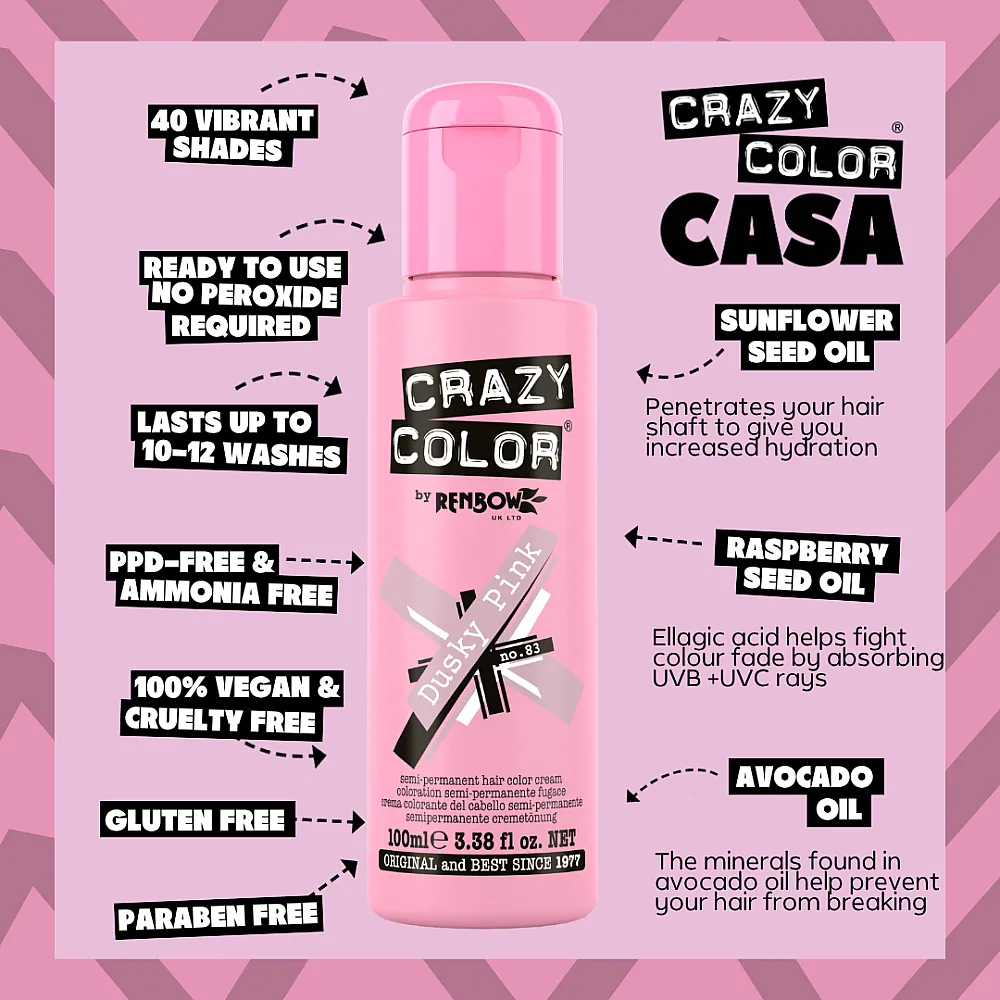 צבע שיער ורוד מעושן Dusky Pink 83 – Crazy Color, 100 מ״ל