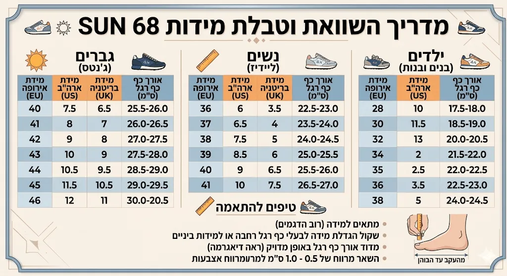 טבלת מידות נעליים וסניקרס SUN 68