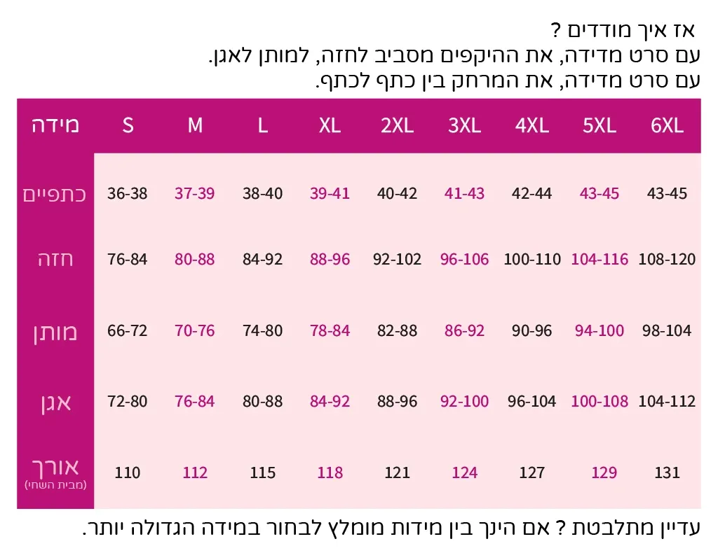 טבלת מידות נשים