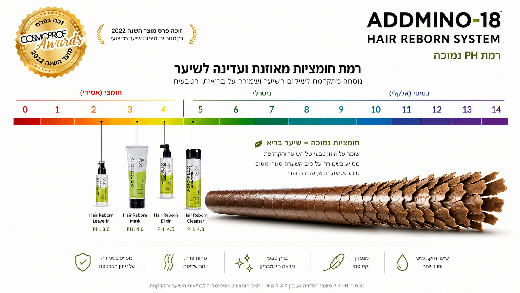 אינפוגרפיקה של ADDMINO 18, פרס Cosmoprof Awards 2022, ורמות pH נמוכות של המוצרים Leave-In 3.0, Mask 4.0, Elixir 4.5 ו-Cleanser 4.8